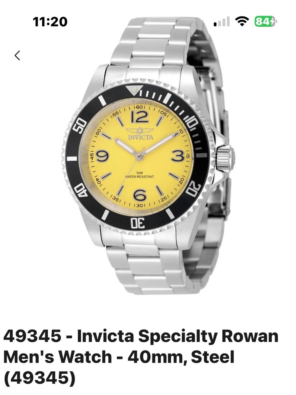 Invicta Men's Stainless Steel Watch with Yellow Dial and Black Bezel